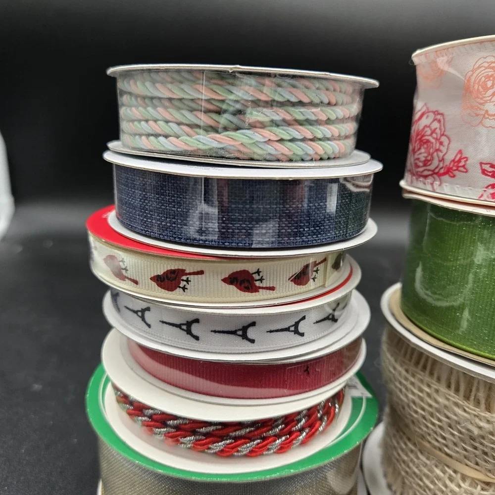 Mixed Craft Ribbon Lot Wired Edge Burlap Sheer Floral Cardinal Eiffel Tower 12pc
